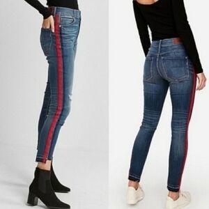 Express Blue Skinny Jeans with Red Stripe Detail